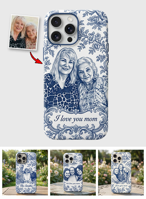Mother Gift Idea, Blue Toile De Jouy Pattern - Personalized Mother 3D Embossed Leather Phone Case