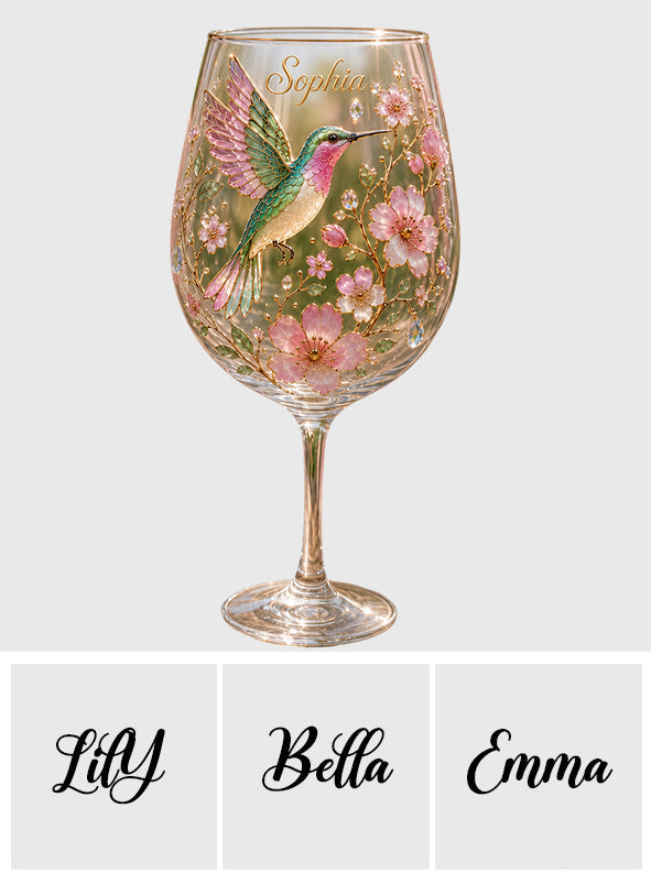 Pink Floral Hummingbird - Personalized Hummingbird Wine Glass With Long Stem
