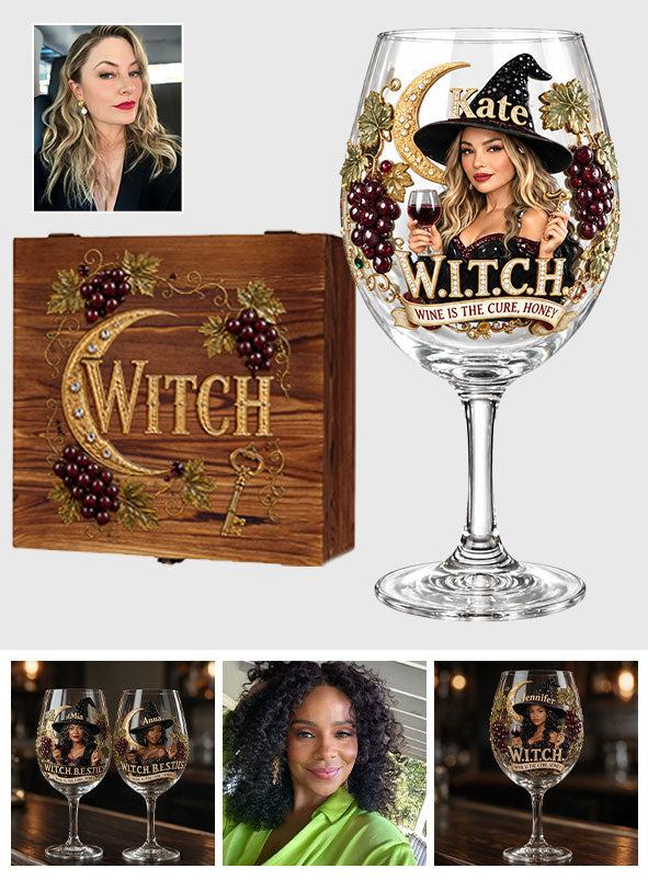 Wine Is The Cure - Personalized Witch Wine Glasses Set With Wooden Box