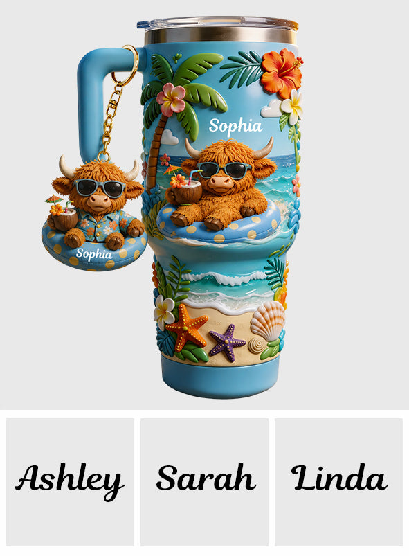 Summer Vibes - Personalized Highland Cow Tumbler With Plush Charm
