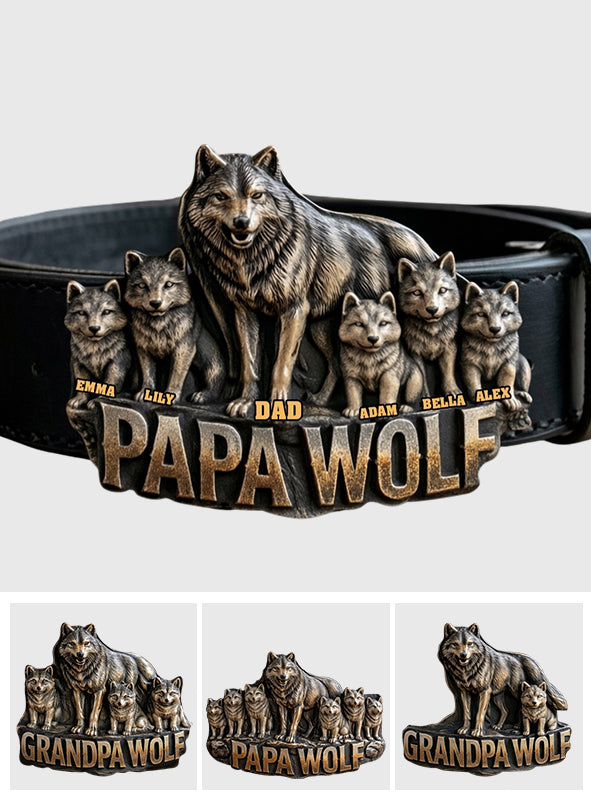 Papa Wolf Gift For Father Grandfather - Personalized Father Leather Belt With Shaped Buckle