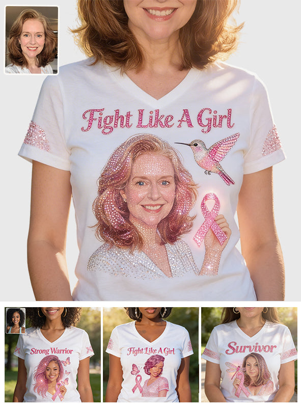 Strong Warriors - Personalized Breast Cancer Awareness Fully Printed V-Neck T-Shirt
