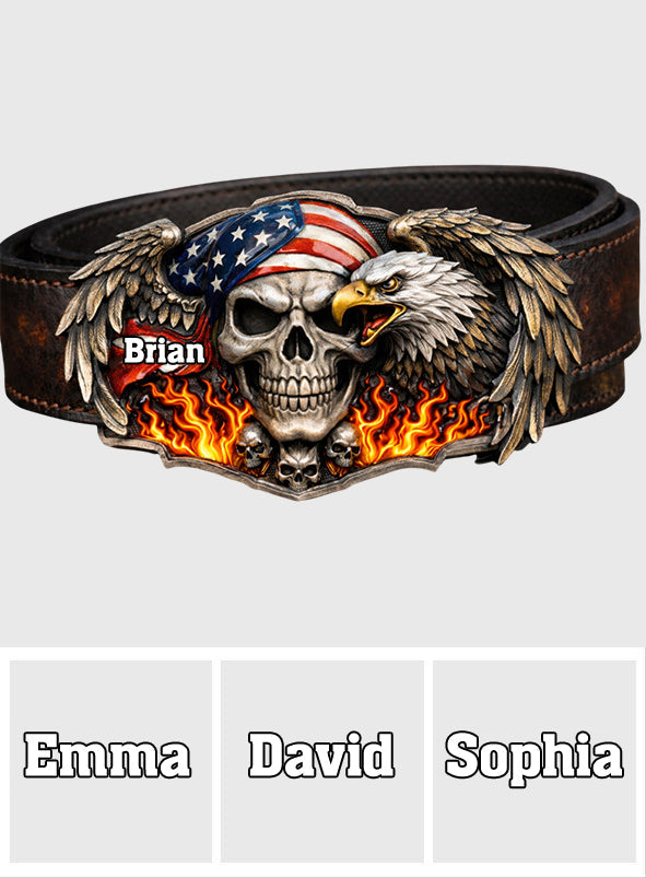 Skull American Eagle - Personalized Skull Leather Belt With Shaped Buckle