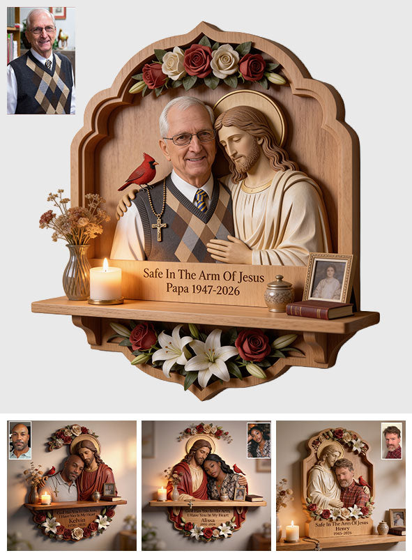 Safe In The Arms Of Jesus - Personalized Memorial Wooden Floating Shelf
