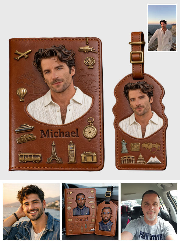 Men Luxury Travel Item - Personalized Travelling Passport Holder & Luggage Tag Set