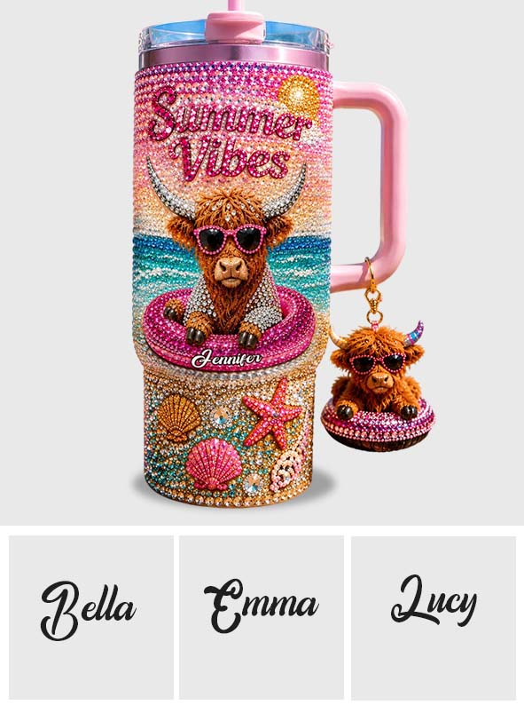 Summer Vibes - Personalized Highland Cow Tumbler With Plush Charm