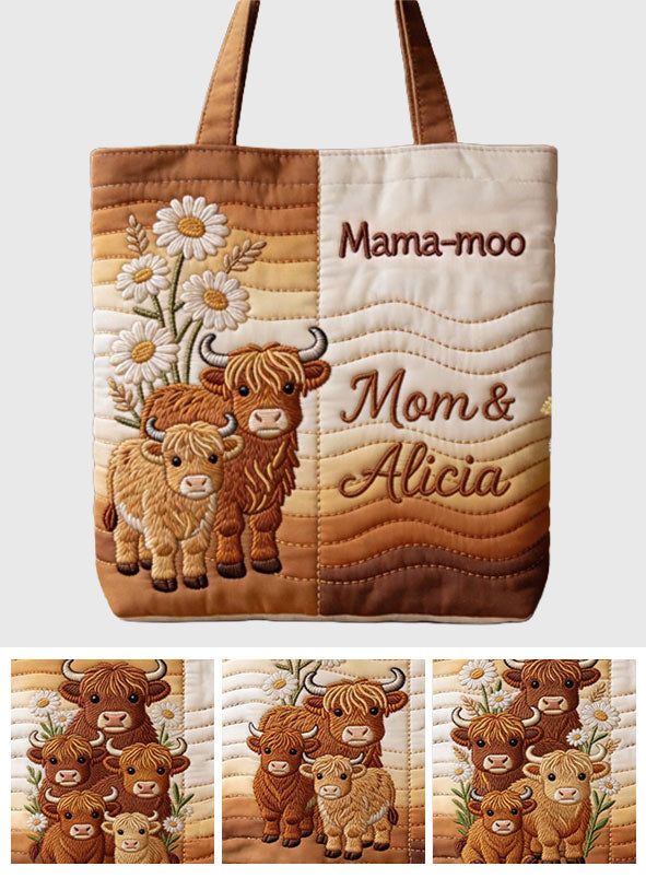 Mama-moo - Personalized Highland Cow Quilted Tote Bag