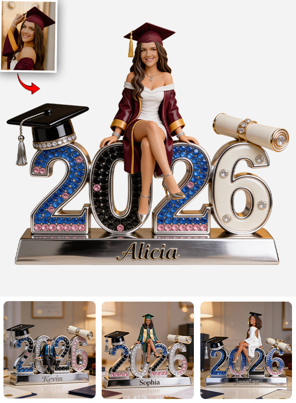 Personalized Class of 2026 Graduation Figurine Statue - Custom Asian Female Graduate Nameplate Keepsake - Luxury Rhinestone Desk Ornament Gift