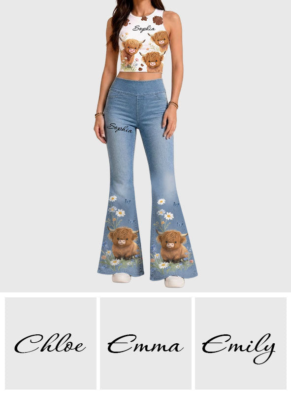 Love Highland Cows - Personalized Highland Cow Flare Leggings & Crop Tanktop