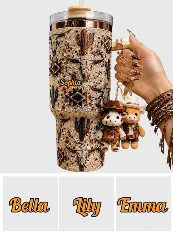 Western Pattern - Personalized Western Outfit Rhinestone Tumbler With Plush Charm