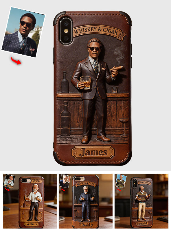 Whiskey And Cigar - Personalized Whisky 3D Embossed Leather Phone Case