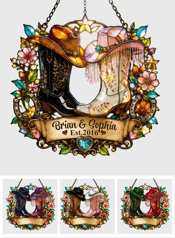 Western, Cowboy Cowgirl Couple Gift - Personalized Western Outfit Window Hanging Suncatcher Ornament