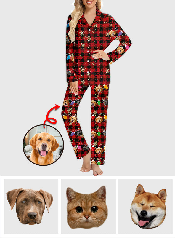 Lovely Dog Cat Pet Face Christmas Light String - Gift for dog lovers, cat lover - Personalized Button Down Pajamas