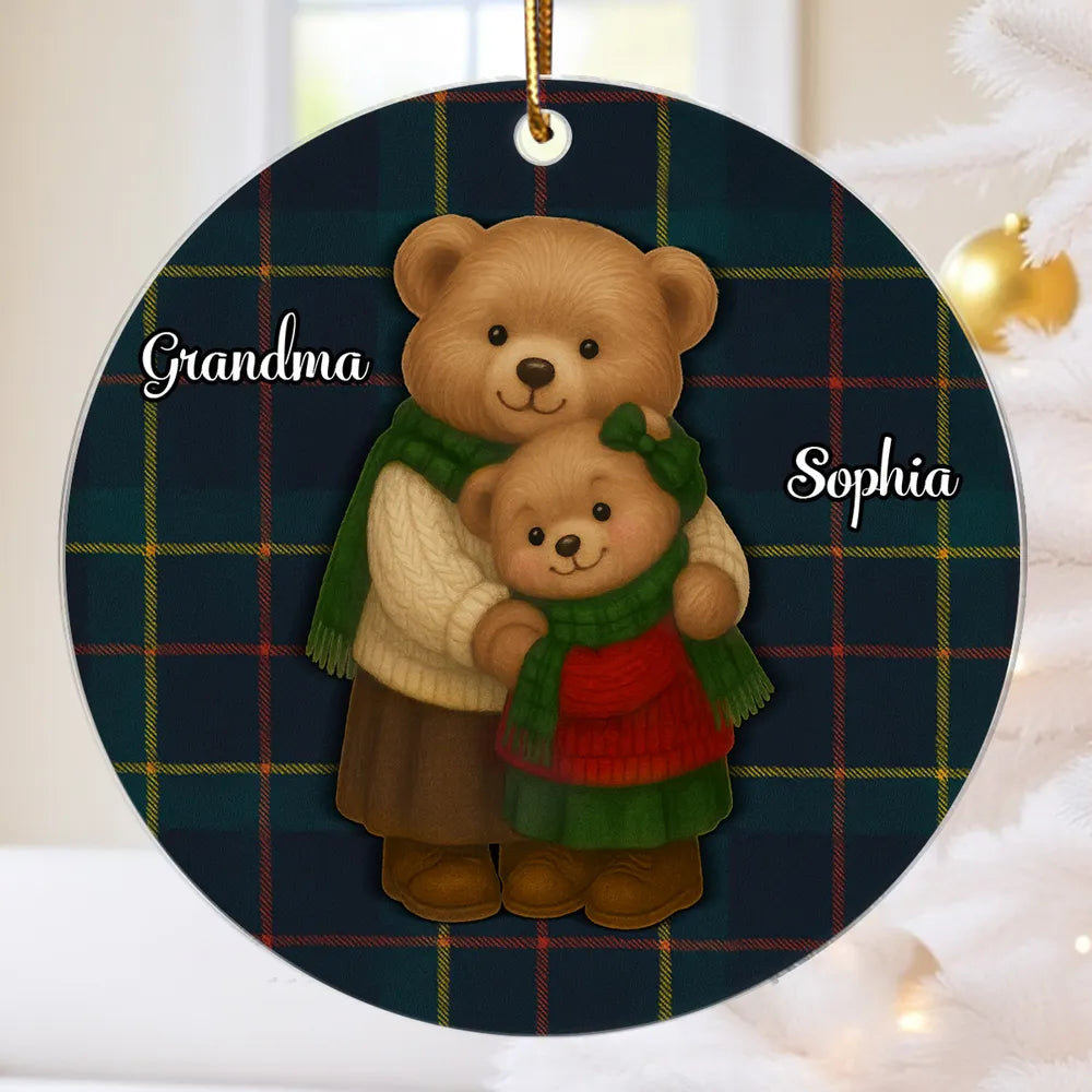 Personalized Acrylic Ornament for Grandma & Grandkids β Cozy Teddy Bear Hug, Plaid Christmas Decor, Unique Heartwarming Gift