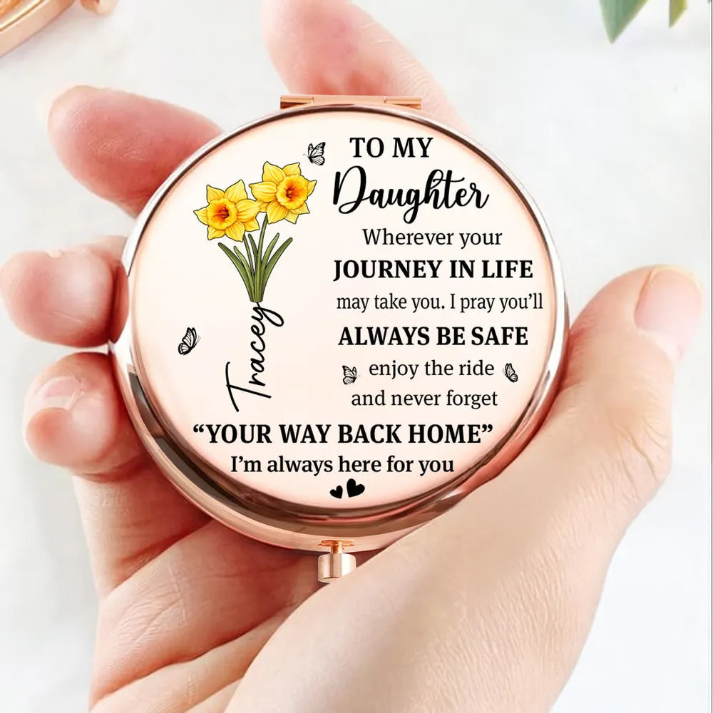 Personalized Metal Compact Mirror for Daughter, Purple Flower Quote, Always Be Safe, Unique Gift From Mom