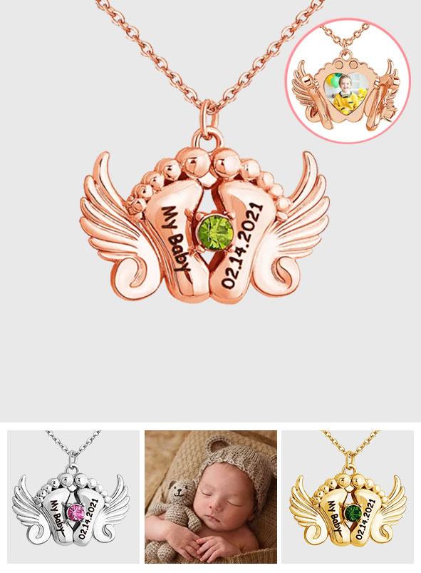 My Baby - Personalized Memorial Angel Feet Locket Birthstone Necklace