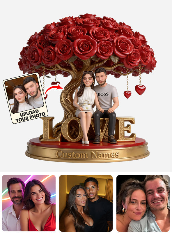 Custom Gay Couple Figurine Statue under Red Rose Tree, Engraved Name, Romantic Same Sex LGBT Anniversary Wedding Gift Home Decor