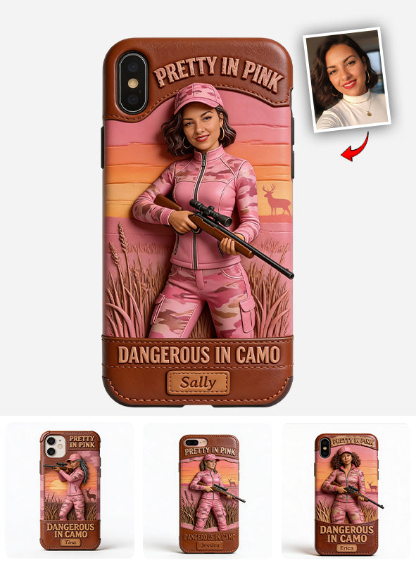 Custom Any Photo Dangerous In Camo - Personalized Hunting Leather Phone Case