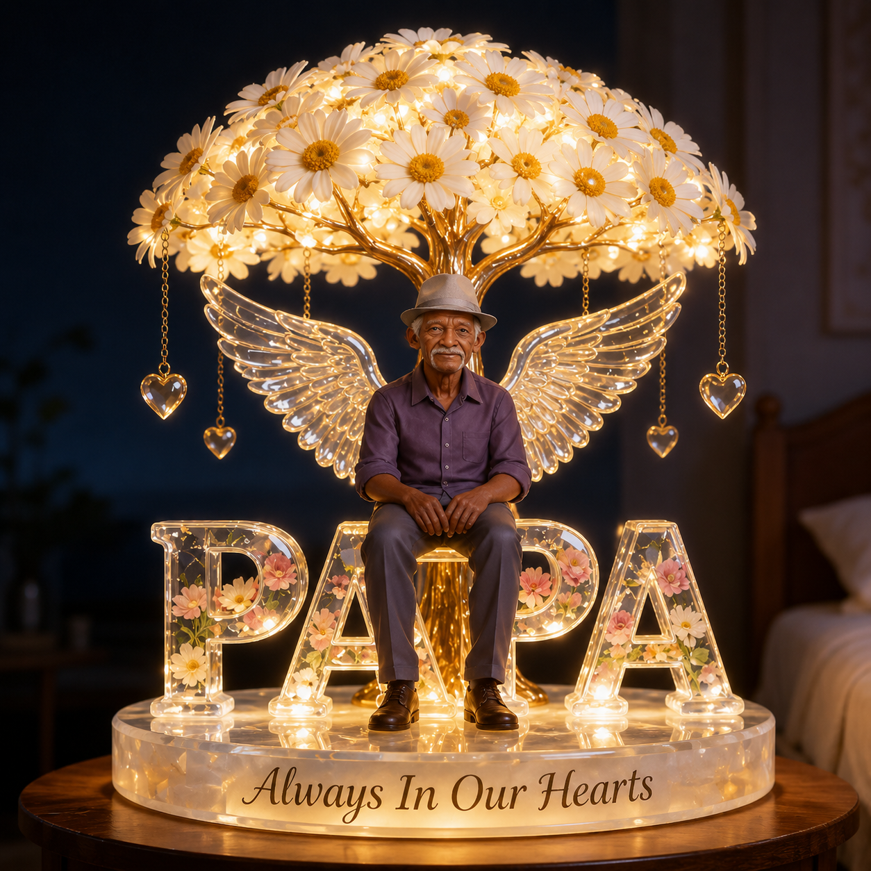 Custom Latin Grandpa Always In Our Hearts Angel Wings Figurine, Personalized Memorial Tree Lamp Statue, Sympathy Remembrance Night Light Table Decor