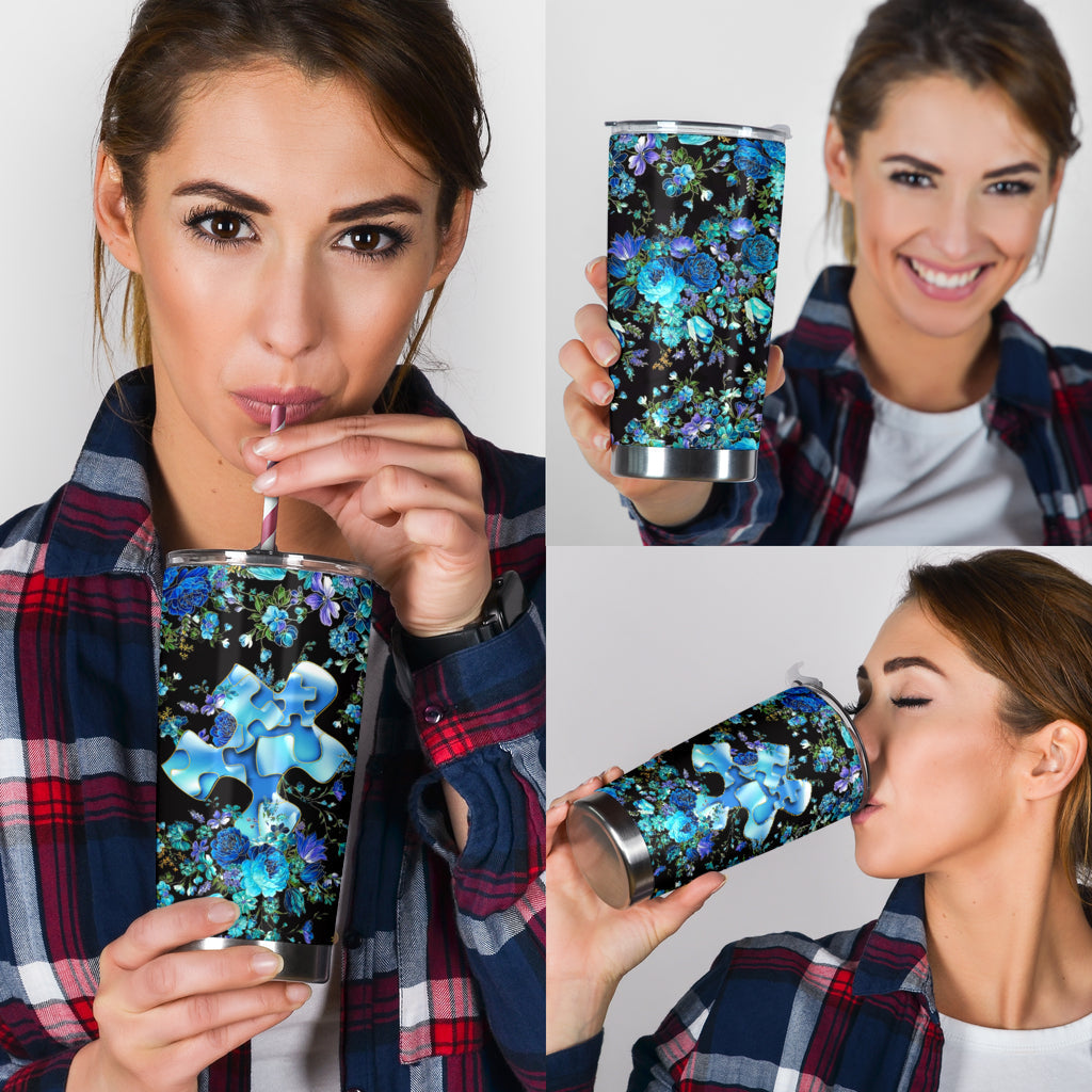 Blue Floral Puzzle Autism Awareness Tumbler 0622