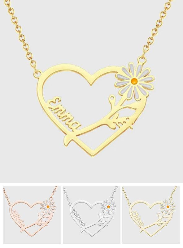Personalized Daisy Heart-shaped Name Necklace