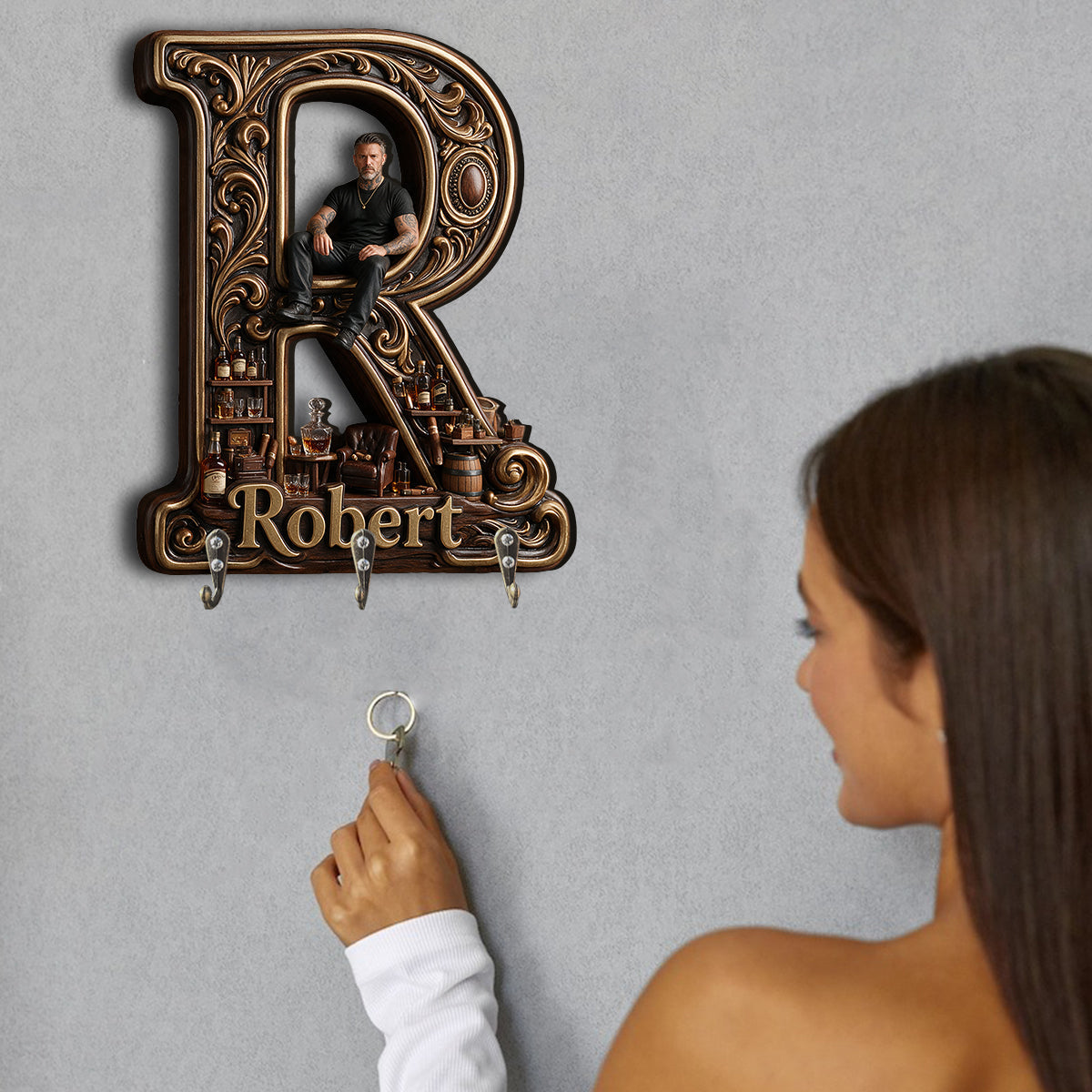 Any Photo Monogram Key Holder - Personalized Real Men Custom Shaped Hanging Rack