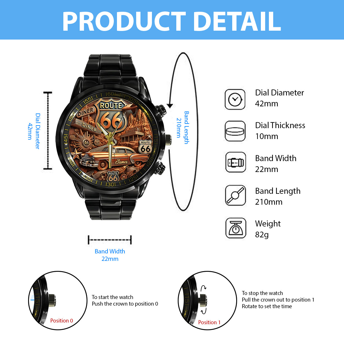 Vintage Route 66 - Personalized Muscle Car Hand Watch