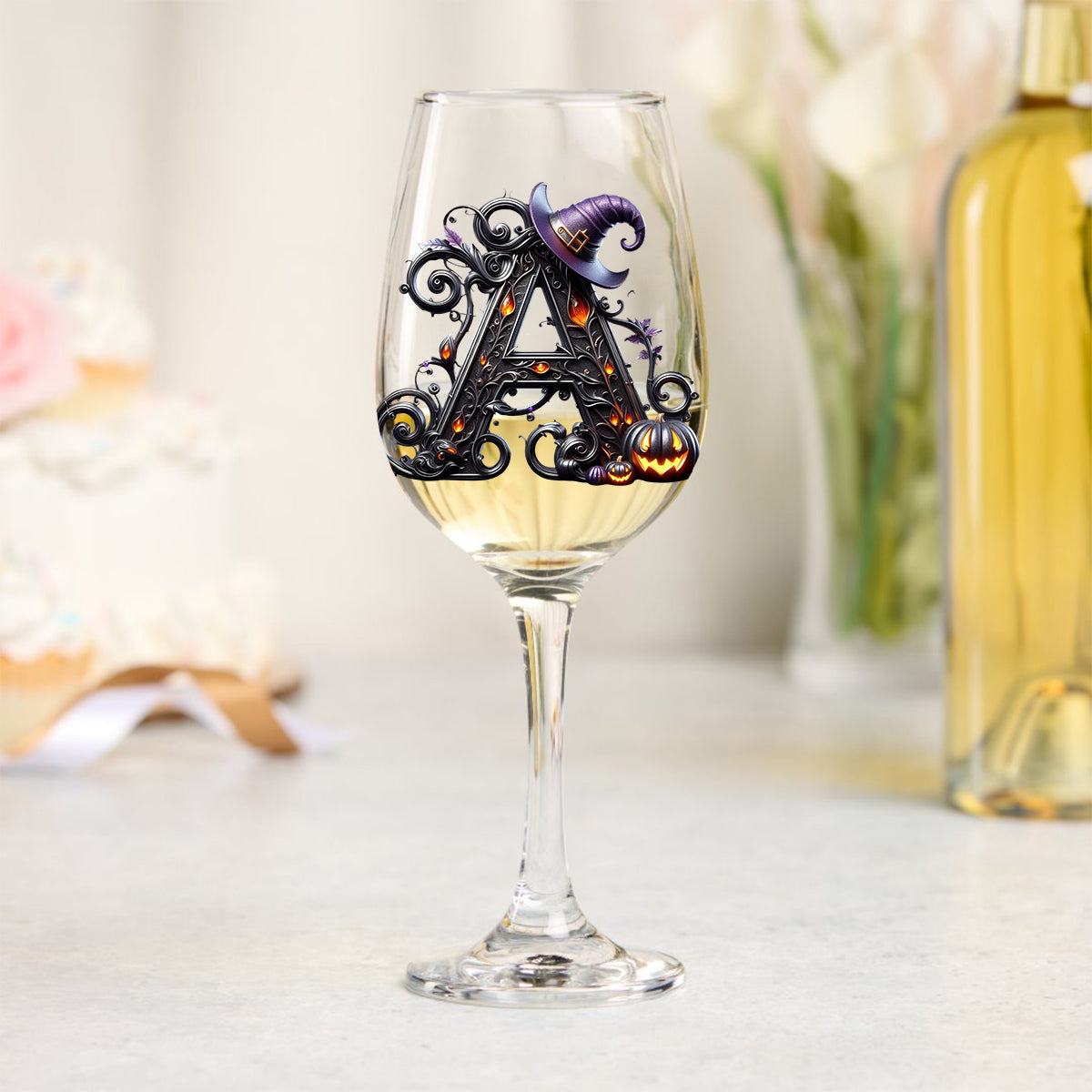 Witch Name Initial Letter - Personalized Witch Wine Glass With Long Stem