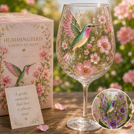 Pink Floral Hummingbird - Personalized Hummingbird Wine Glass With Long Stem