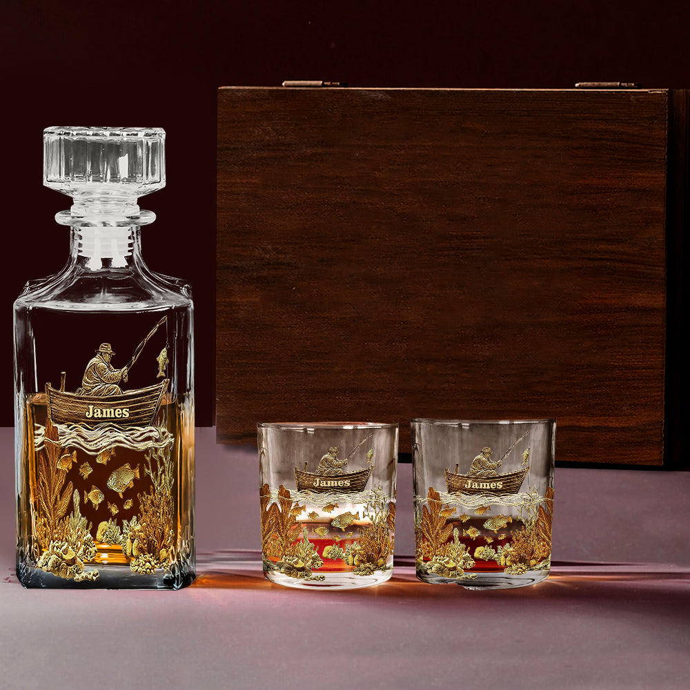 Personalized Fishing Whiskey Bottle and Glass Set - Personalized Fishing Whiskey Decanter Set