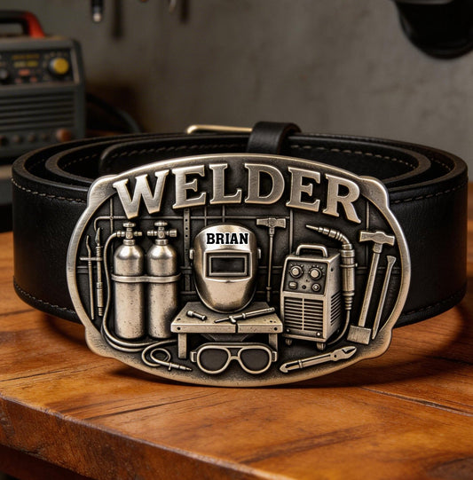 Proud Welder - Personalized Welder Leather Belt With Shaped Buckle