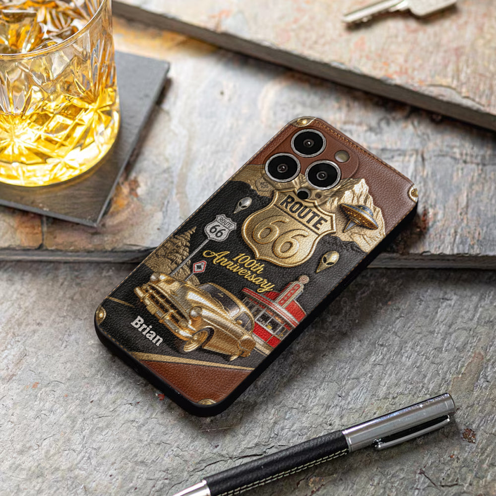Route 66 100th Anniversary - Personalized Car Lover Leather Phone Case