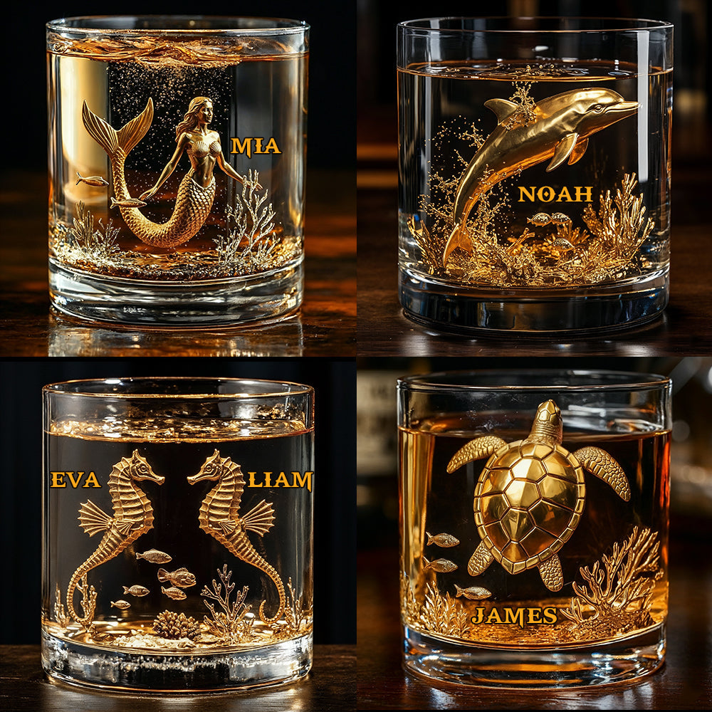 Sea Lovers Gift, Turtle, Dolphin, Mermiad, Hippocampus - Personalized Sea Lover Whiskey Glass