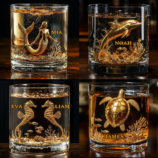 Sea Lovers Gift, Turtle, Dolphin, Mermiad, Hippocampus - Personalized Sea Lover Whiskey Glass