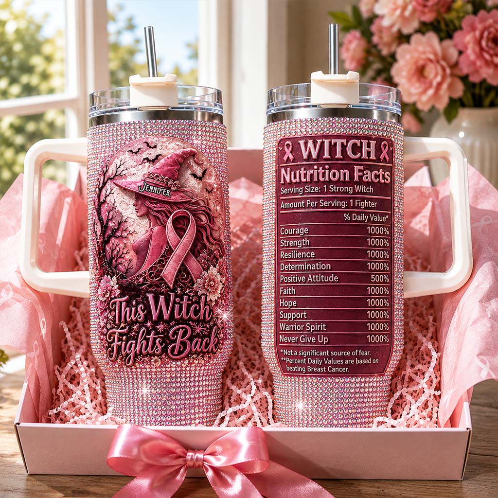 This Witch Fights Back - Personalized Breast Cancer Awareness Rhinestone Tumbler With Handle