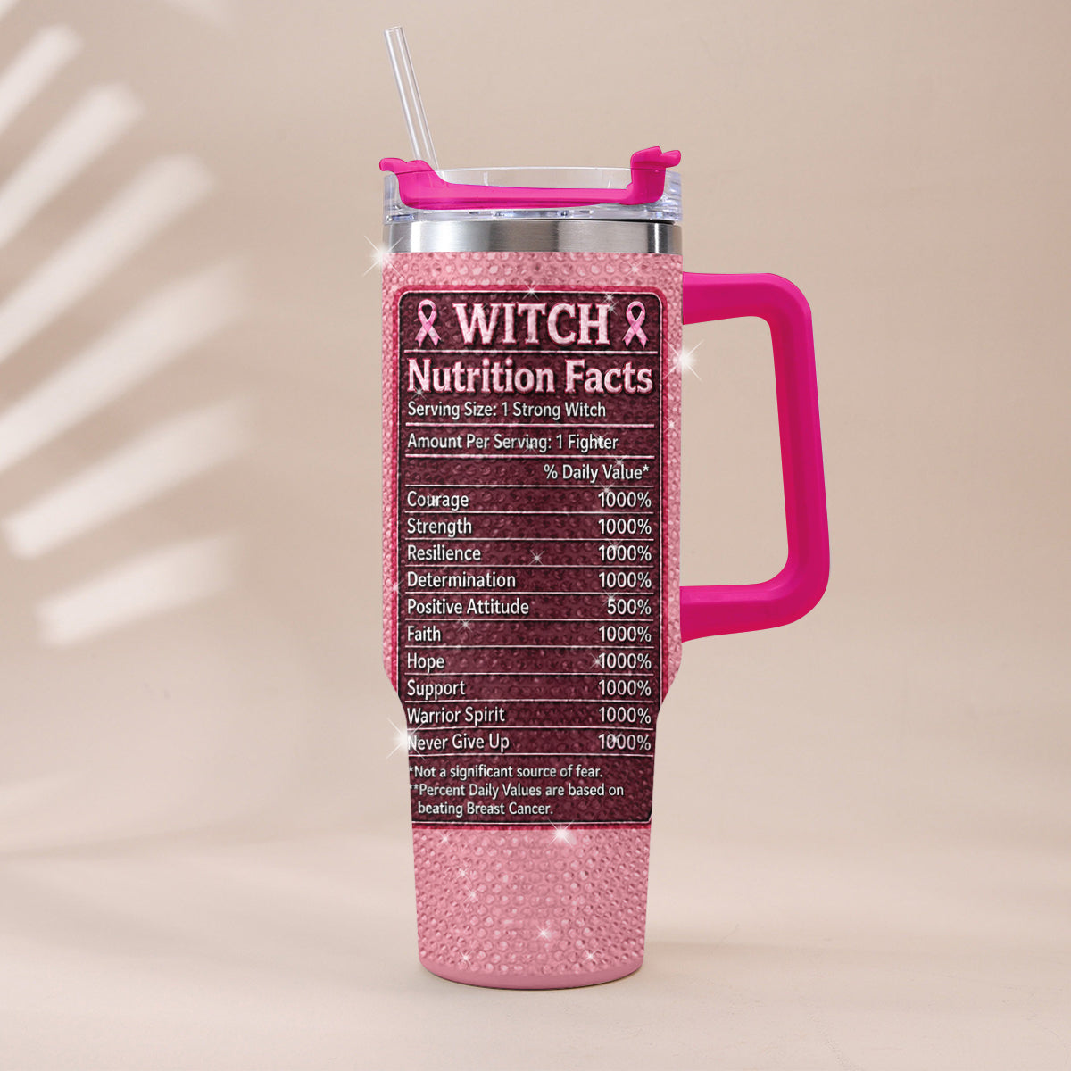 This Witch Fights Back - Personalized Breast Cancer Awareness Rhinestone Tumbler With Handle