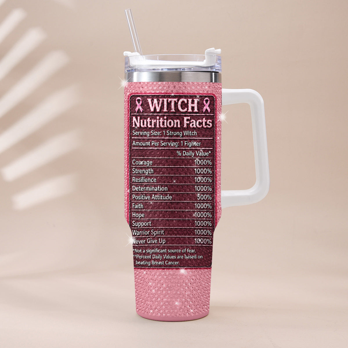 This Witch Fights Back - Personalized Breast Cancer Awareness Rhinestone Tumbler With Handle