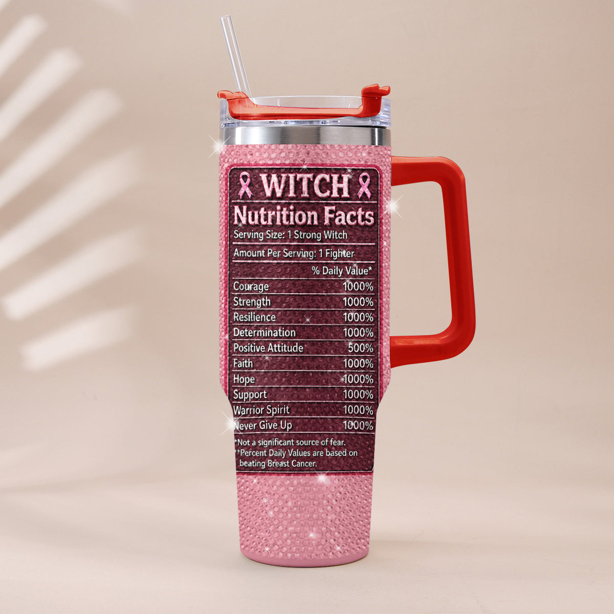 This Witch Fights Back - Personalized Breast Cancer Awareness Rhinestone Tumbler With Handle