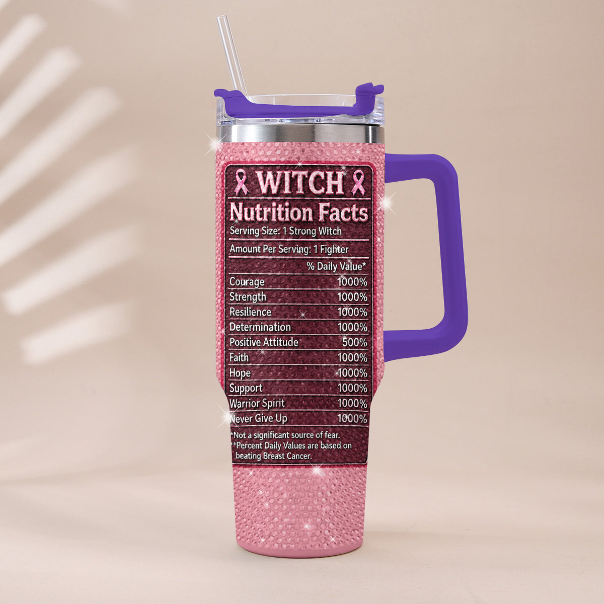 This Witch Fights Back - Personalized Breast Cancer Awareness Rhinestone Tumbler With Handle