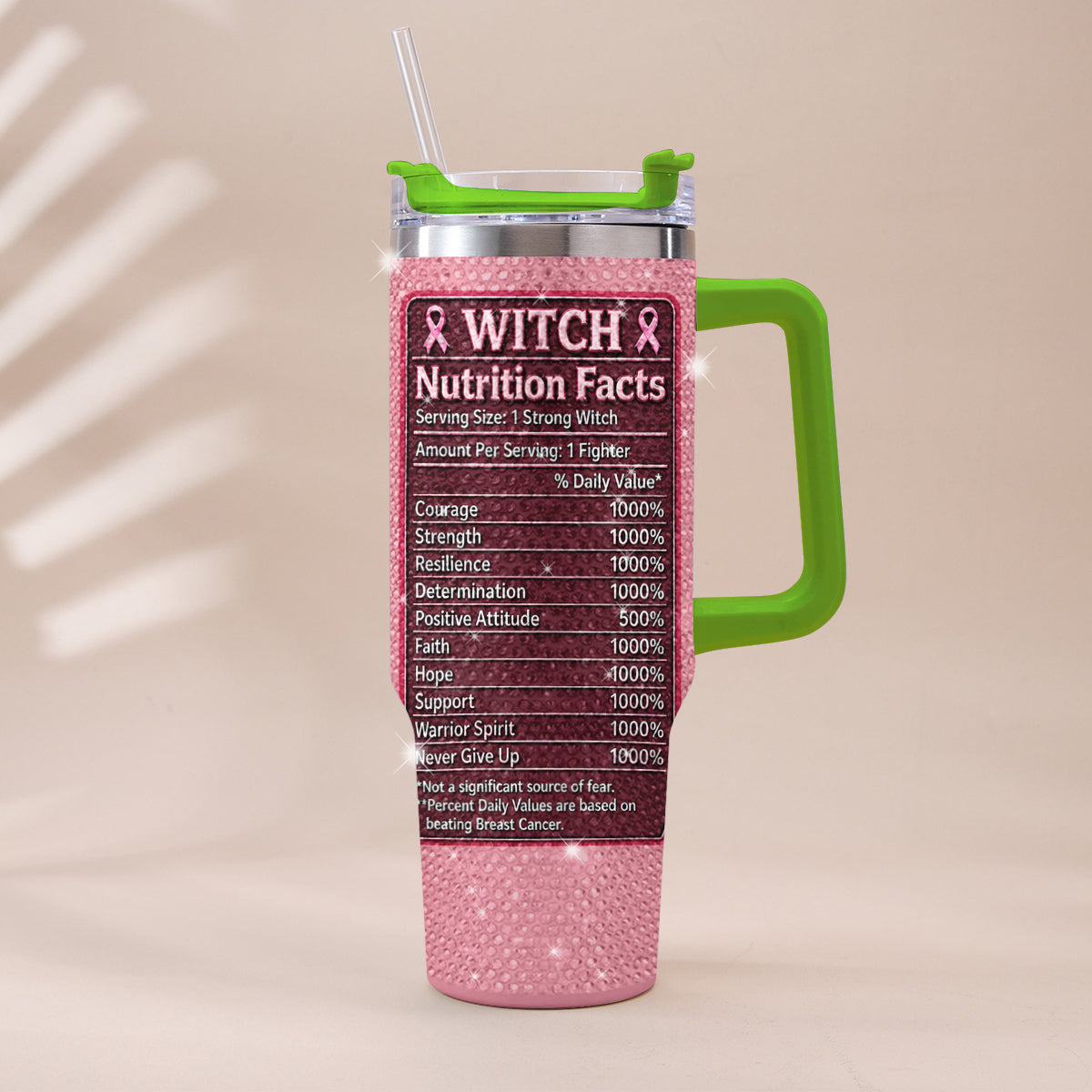 This Witch Fights Back - Personalized Breast Cancer Awareness Rhinestone Tumbler With Handle