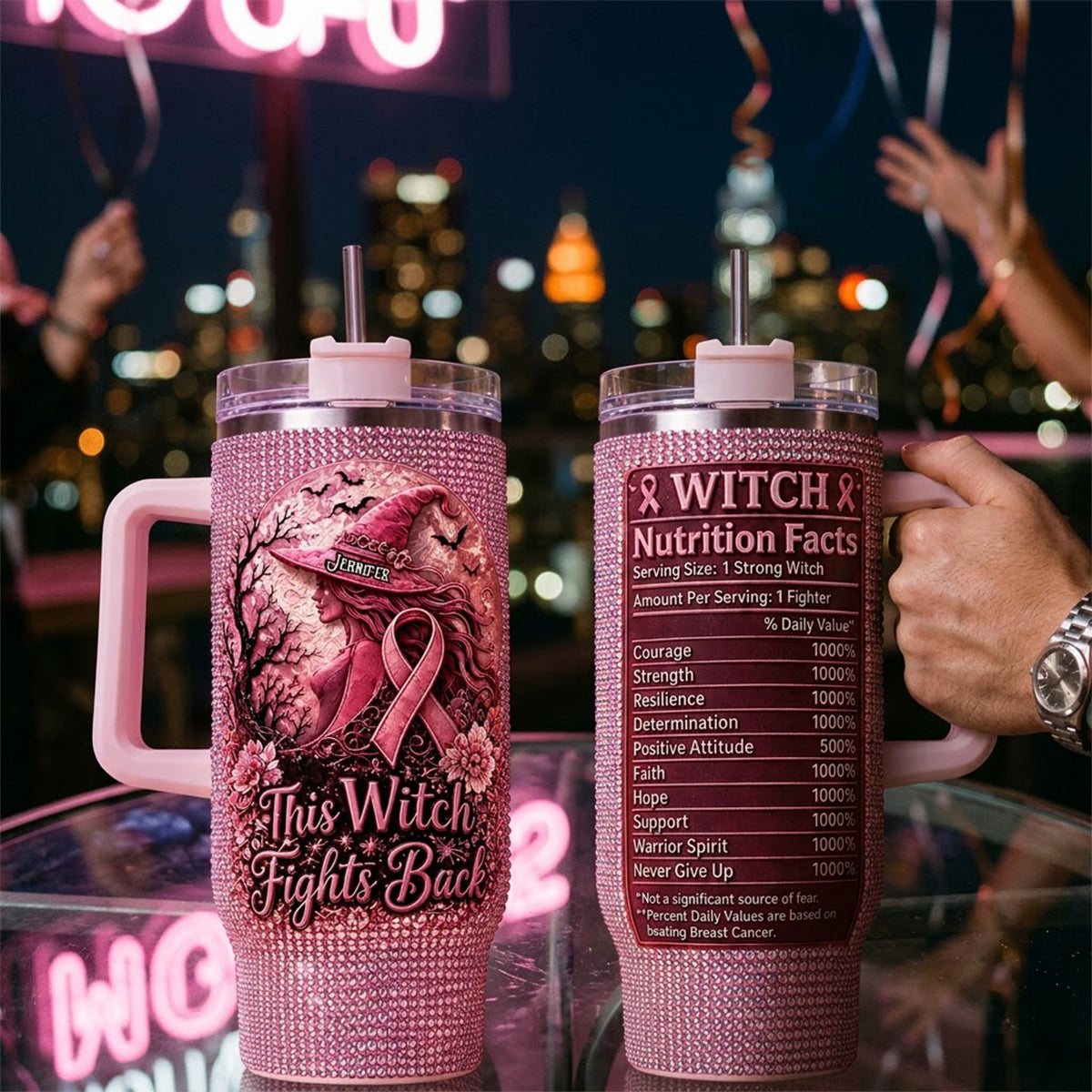 This Witch Fights Back - Personalized Breast Cancer Awareness Rhinestone Tumbler With Handle