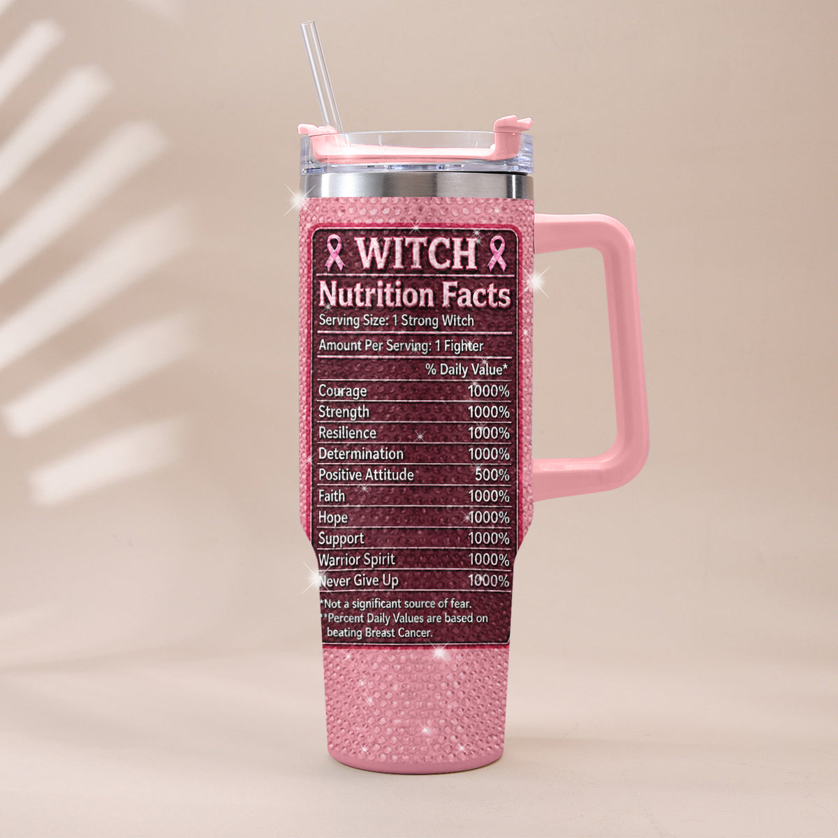 This Witch Fights Back - Personalized Breast Cancer Awareness Rhinestone Tumbler With Handle