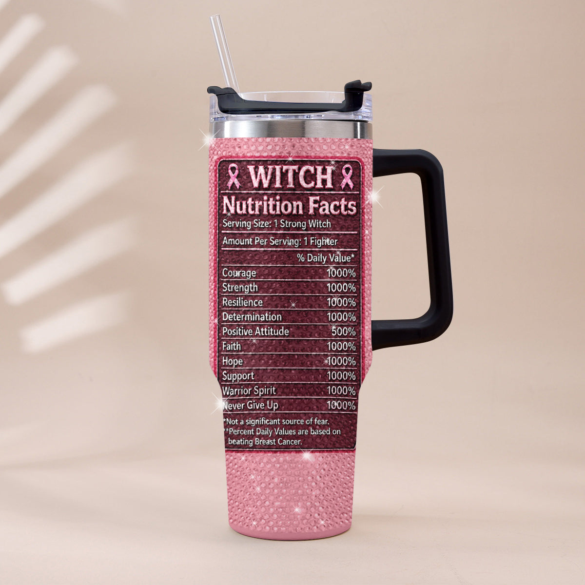 This Witch Fights Back - Personalized Breast Cancer Awareness Rhinestone Tumbler With Handle