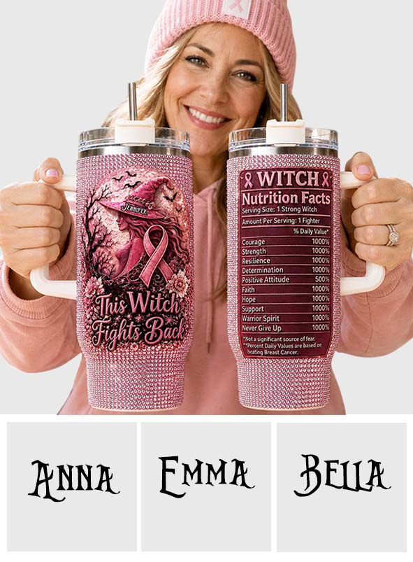 This Witch Fights Back - Personalized Breast Cancer Awareness Rhinestone Tumbler With Handle