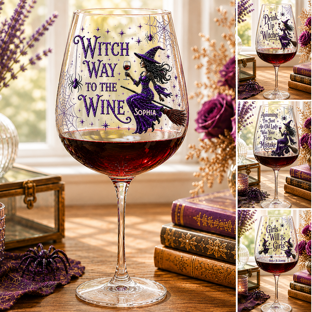 Drink Up Witches - Personalized Witch Wine Glasses Set With Wooden Box