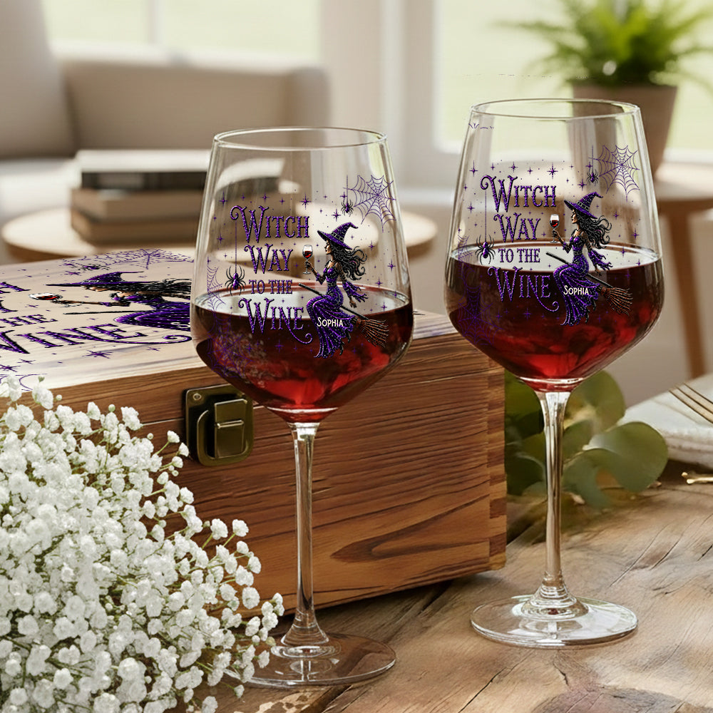 Drink Up Witches - Personalized Witch Wine Glasses Set With Wooden Box