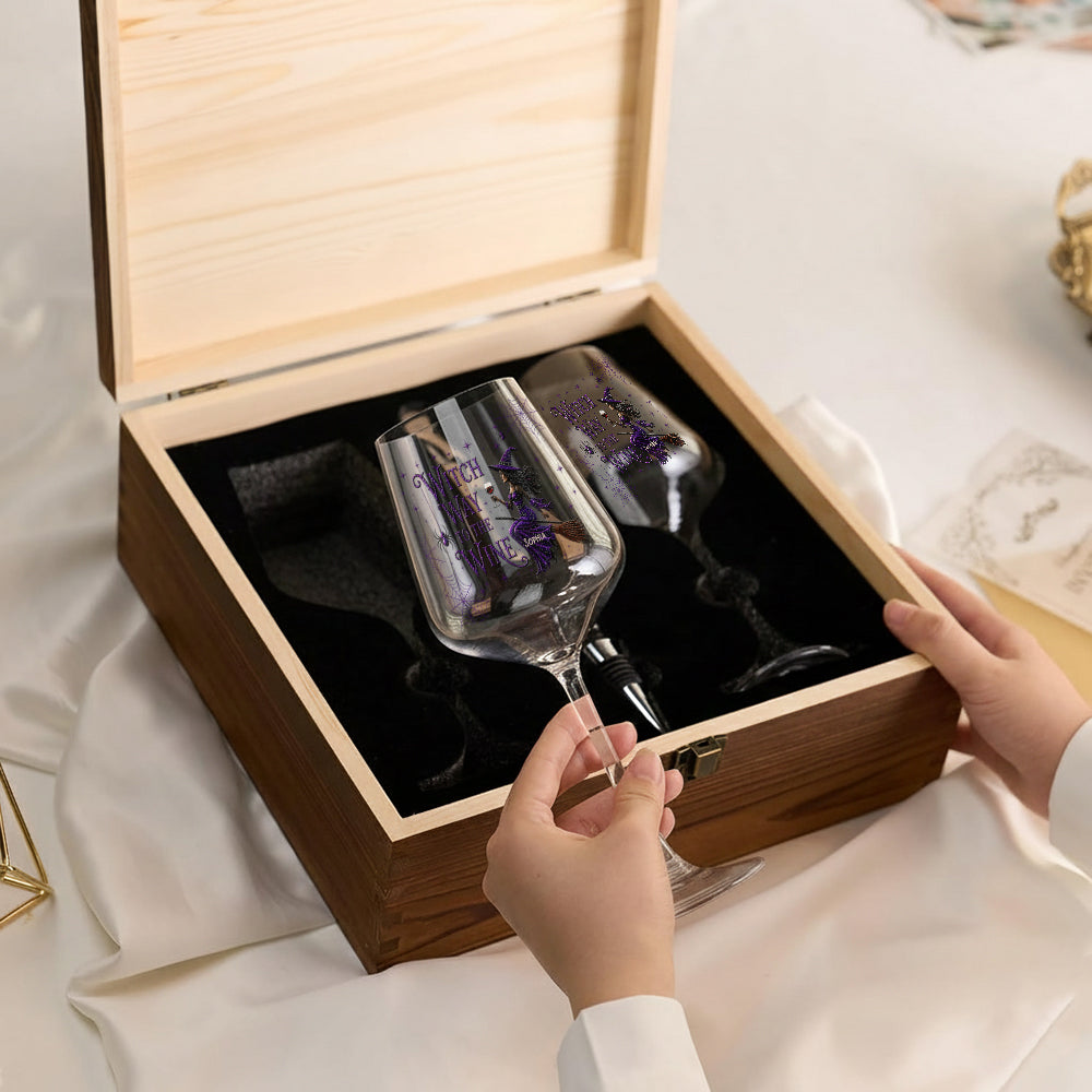 Drink Up Witches - Personalized Witch Wine Glasses Set With Wooden Box