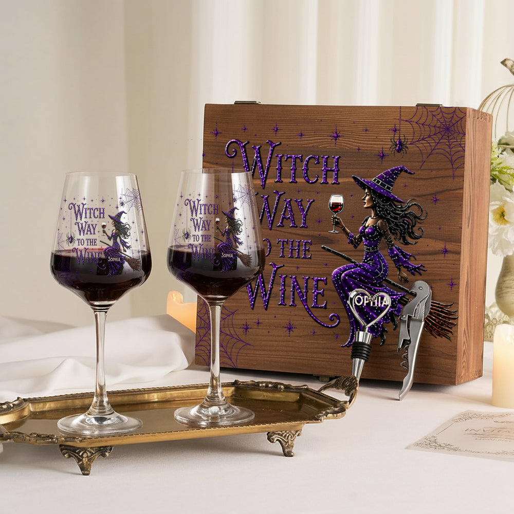 Drink Up Witches - Personalized Witch Wine Glasses Set With Wooden Box