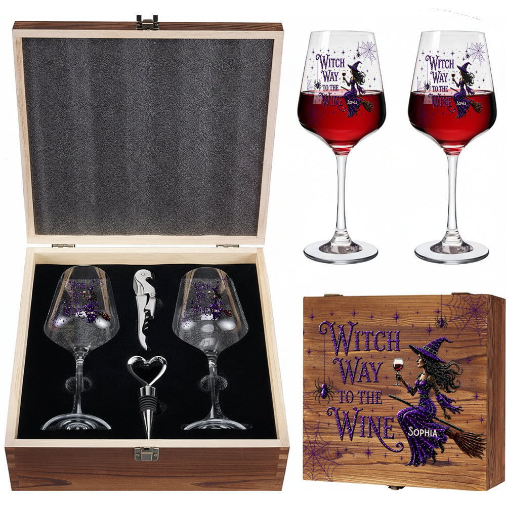 Drink Up Witches - Personalized Witch Wine Glasses Set With Wooden Box