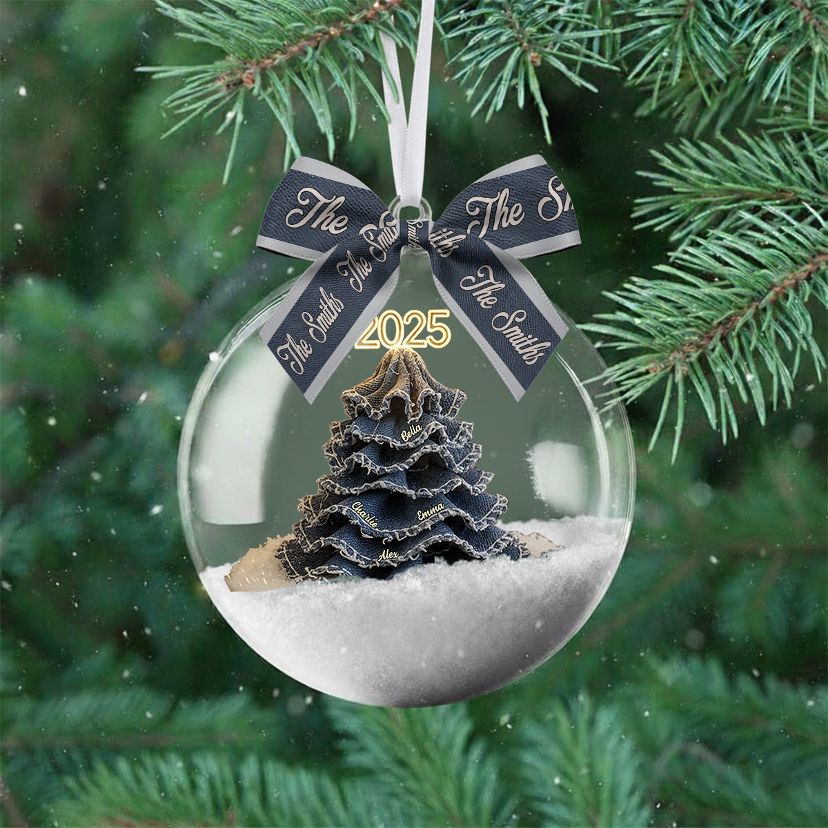 Merry Christmas Family - Personalized Family Snow Globe Ornament With Bow